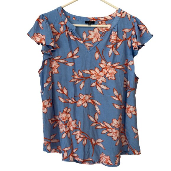 Talbots Womens Plus Size 1X Blue & Orange Floral Print Short Sleeve V-Neck Top - Picture 1 of 6